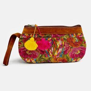 Nena & Co Artisan Embroidered Boho Wristlet Clutch w/ Leather Trim & Tassels
